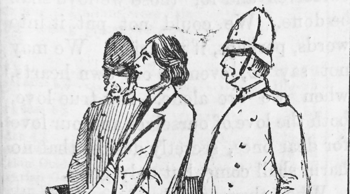 Engraving of Wilde flanked by two helmeted, mustachioed police officers